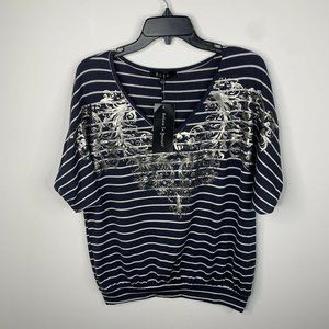 NWT B.L.E.U. Womens L Blue/White Striped Bealls Short Sleeve Shirt Made in USA